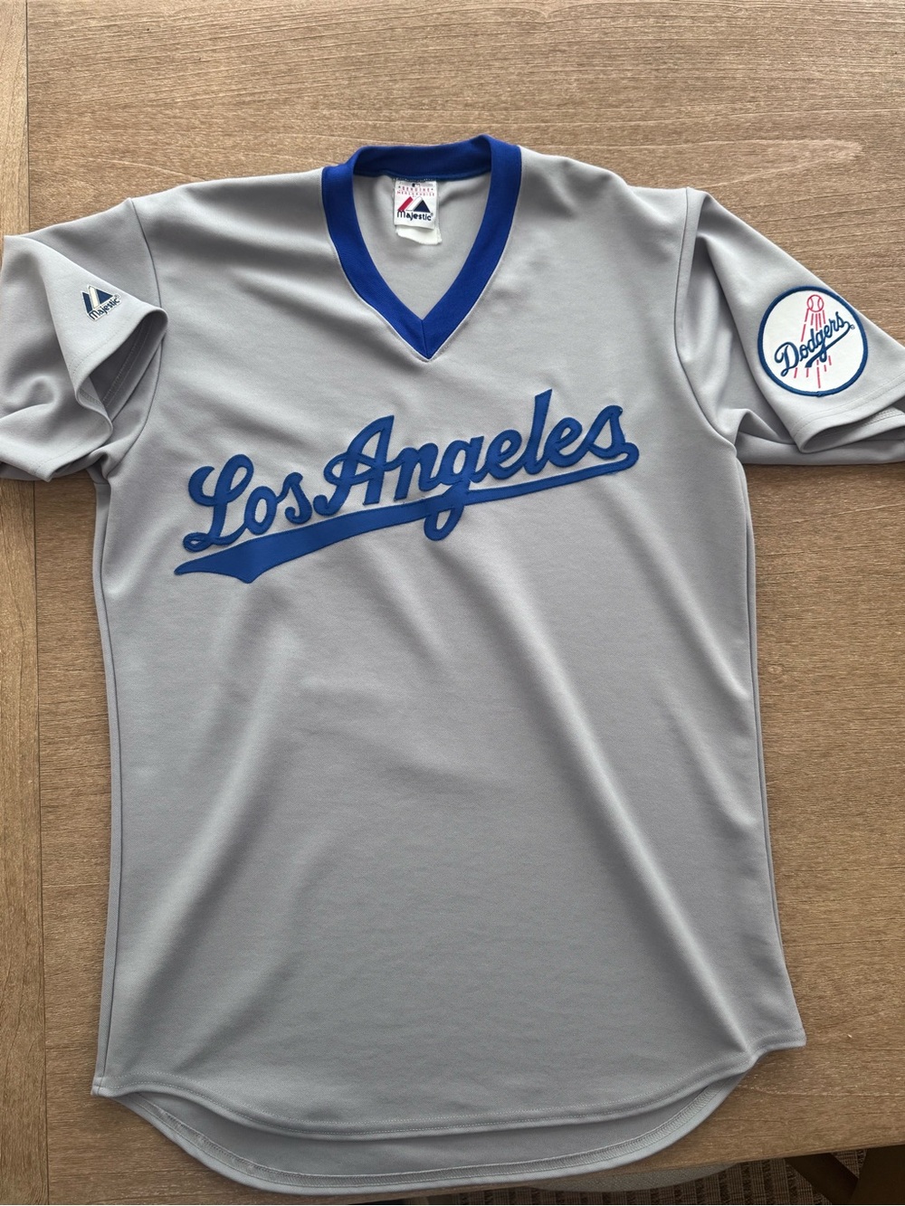 Majestic Los Angeles Grey and Royal Blue Script Baseball Jersey